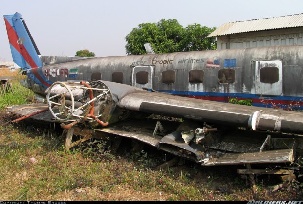 The sister plane 110-411, last registered as 9L-LBR, has sat in pieces at Freetown-Hastings Airport since 2002. Courtesy: Thomas Brügge/Airliners.net